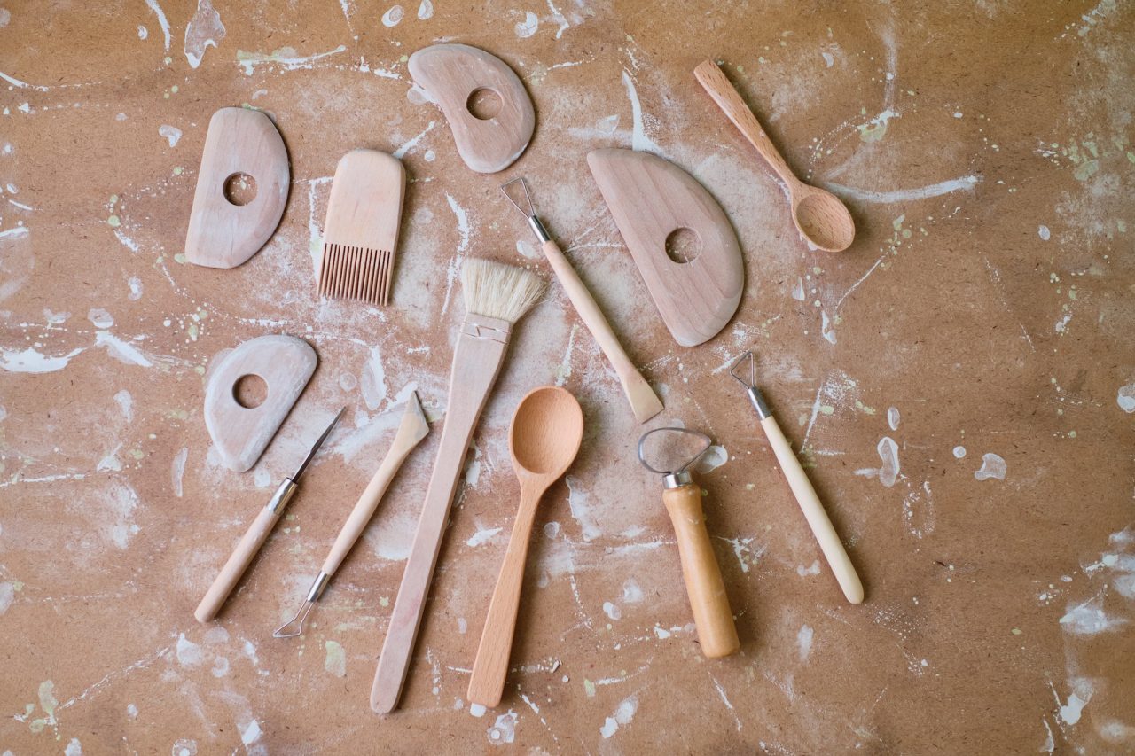 Pottery tools arranged for ceramic work